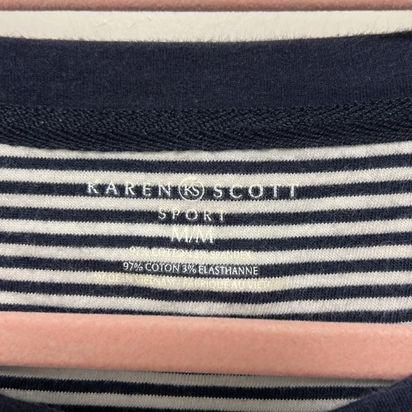 Navy Blue Women's Top with Striped Cuffs - Picture 2 of 5